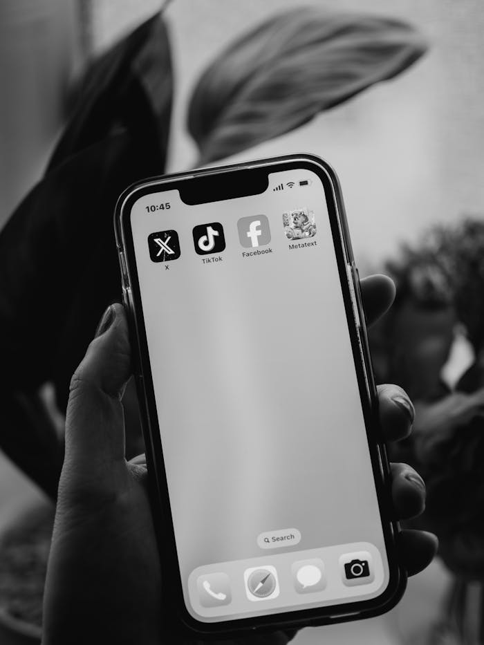 A black and white photo of a smartphone held by a person showing popular social media apps on the screen.
